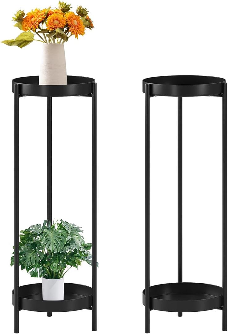 Set of 2 Metal Black Tall Plant Stands Indoor or Outdoor - 30 inch 2 Tier Modern Corner Flower Pots Rack Shelves with 2 Removable Display(10 inch) for Corner Living Room Balcony (2 Black)