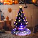 Halloween Decorations Lighted Ceramic Tree with Moving Train, LED Lights & Spooky Music, Battery Operated Tabletop Decor for Indoor - 10'' Purple/ Black