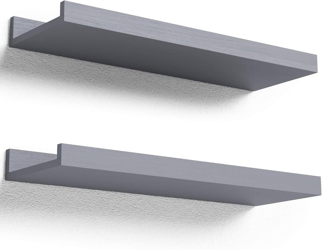 Floating Shelves for Wall, Wall Shelves Set of 2, Bedroom Shelves with Lip, Display Picture Ledge Shelf for Wall Decor Bedroom Living Room Bathroom Kitchen - Grey (15.7 In)