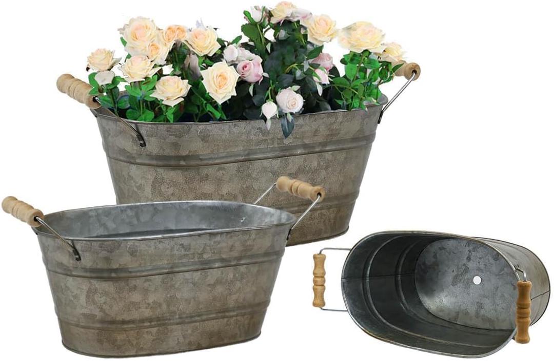 vensovo Galvanized Metal Oval Planter Buckets with Handles  Set of 3 Rustic Farmhouse Flower Tubs with Drain Holes & Plugs, Vintage Small Pots for Herbs, Succulents, Wedding or Tabletop Decor