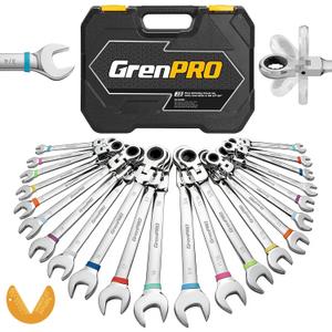 GRENPRO 23PCS Flex-Head Ratcheting Wrench Set, Combination Ratchet Wrenches Set Metric and Standard & SAE with Organizer Box, 6-18mm & 1/4" to 3/4" with Color Ring, CRV Socket Mechanic Tools Sets