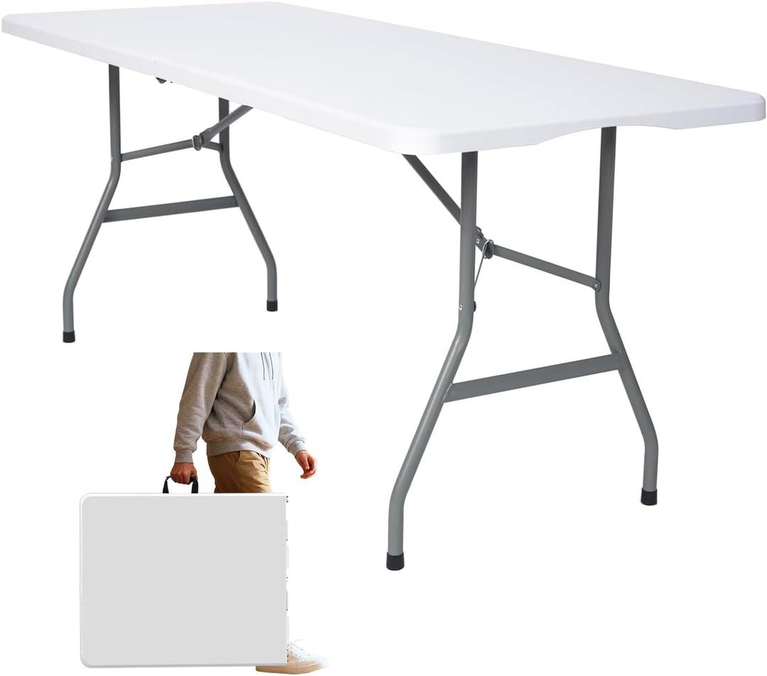 Folding Table 6ft Foldable Table with Built in Handle & Steel Legs / 6FT Heavy Duty Folding Portable,Perfect for Party, Dining Indoor/Outdoor Events, Tailgating & Backyard BBQ, White, 70.87" X 26.77" X 29.13"