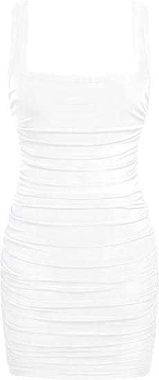 A.dasi Women's Ruched Bodycon Mini Dress Summer Mesh Sexy Square Neck Fitted Party Cocktail Dress, XL