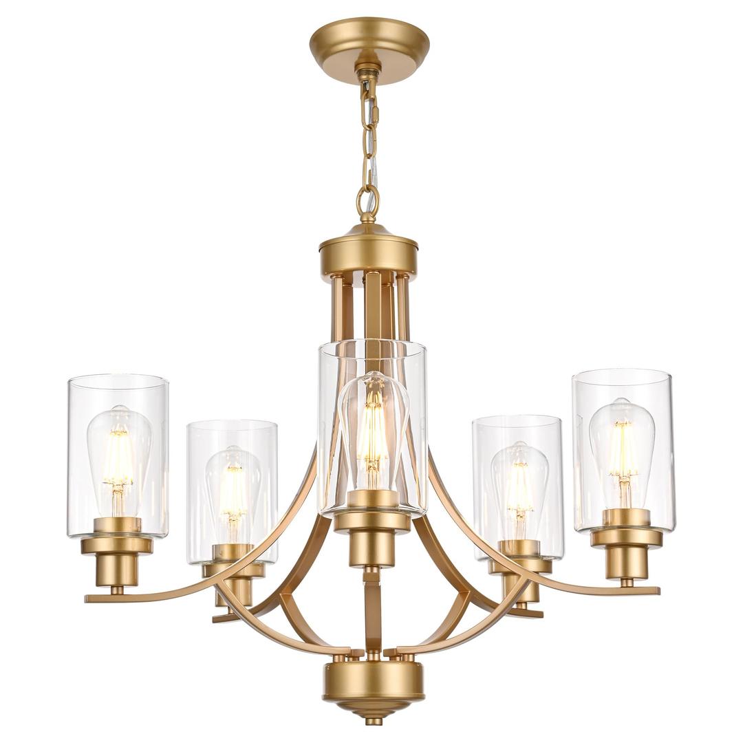 MELUCEE Gold Chandelier for Dining Room 5 Light with Clear Glass Shade