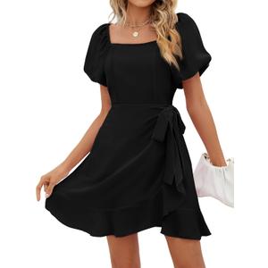 Sampeel Womens Summer Dresses Square Neck Puff Sleeve Tie Waist Short Dress (Black, L)