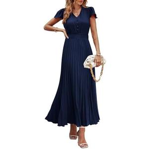 PRETTYGARDEN Women's Summer Maxi Dresses 2026 Trendy Casual Button V Neck Ruffle Cap Sleeve Long Flowy Spring Pleated Dress, Size Large