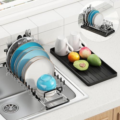 ANTOPY Small Dish Drying Rack - Expandable 304 Stainless Steel Rustproof Dish Rack Over Sink with Silicone Drying Mat & Cutlery Holder, Compact Dish Drainer for Kitchen Counter, Inside Sink, Silver