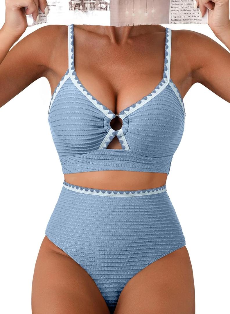 Herseas Women's Textured Bikini Sets O Ring Swimsuits Whip Stitch High Waisted Bathing Suits 2026 Summer Beach Wear (Blue, S)