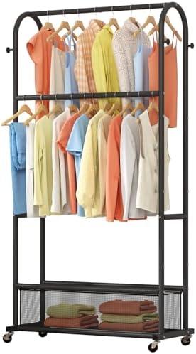 MOYIPIN Double Rods Clothing Rack with Wheels,Clothing Organizer for Hanging Clothes Coat Scarves Bags,Multi-functional Bedroom Garment Rack,4 Hooks,Black