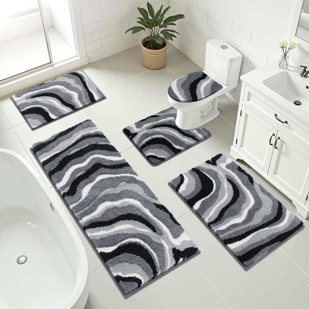 Bathroom Rug Set 5 Piece, Non Slip Microfiber Bath Mat, Black, 18"x26"+20"x32"+20"x48"+U20"x24"+Cover19"x21"
