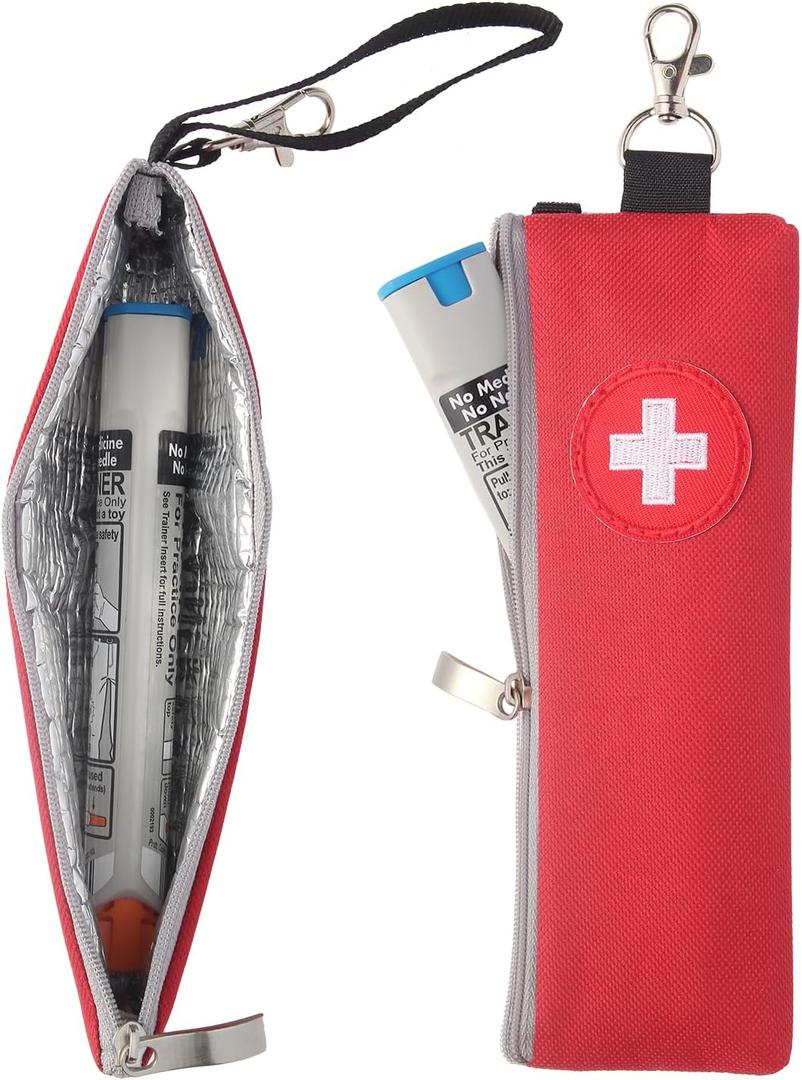 EpiPen Carrying Case, 2 Pack Emergency Medical Bag with Carabiner, Medicine Bag for EpiPens, Asthma Inhaler, Auvi-Q,Eye Drops,Anti-Histamine,Allergy Medication (Red)