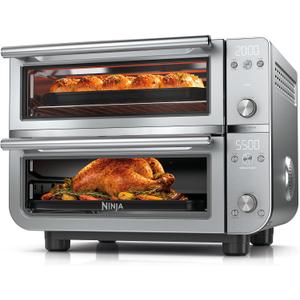 Ninja Double Oven Pro Smart XL Countertop Oven & Air Fryer | 30.2 Qt Capacity |12-in-1 Versatility with Smart Finish & DualZone Tech to Cook 2 Meals at Once | Fit up to 4.5lb Chicken | Silver | DCT821, 18.7 in L x 17.2 in W x 14 H