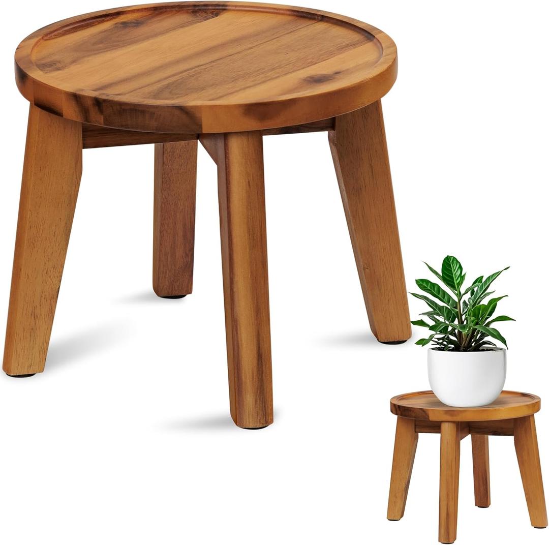 Demigo Indoor Plant Stand, Acacia Wooden Decorative Plant Shelf with Spill-Proof Tray, Stable 8 Tall Flower Holder for Heavy Pots, Gardening Display for Decor Living Room Patio - Natural Brown