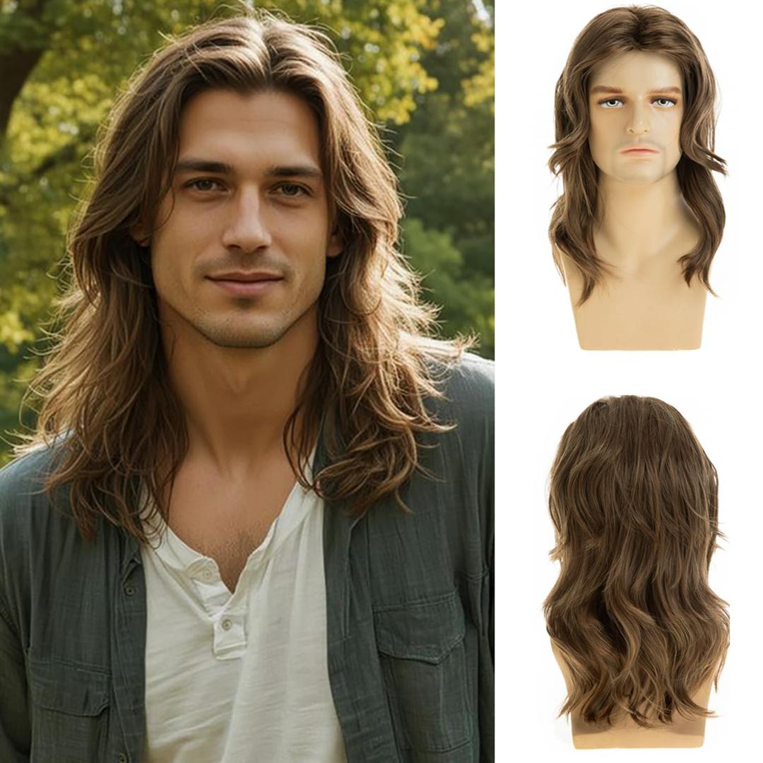Mens Long Wavy Brown Wig Natural Layered Synthetic Halloween Cosplay Hair Wig