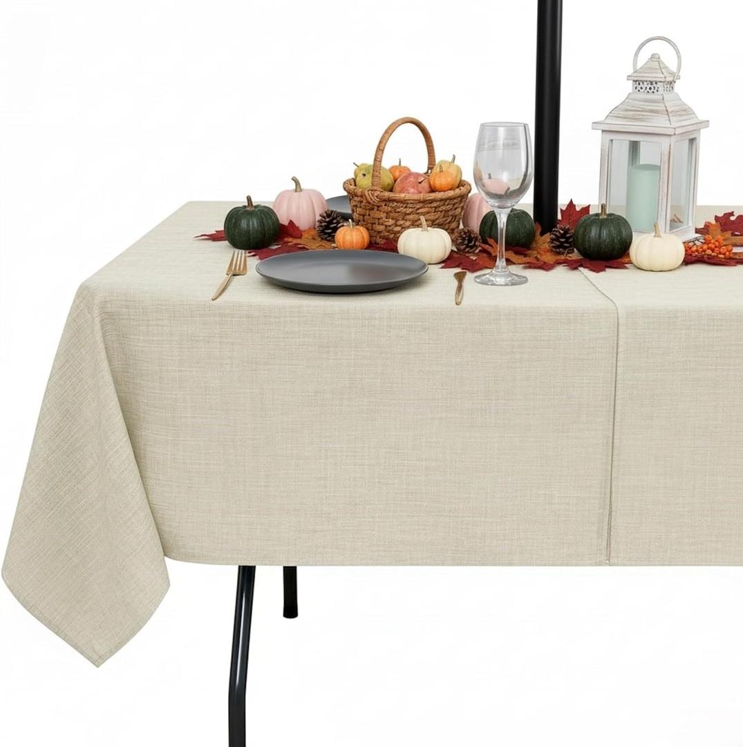 Outdoor Tablecloth with Umbrella Hole - Patio Table Cloth Zippered Rectangle 60x84 Inch, Beige Linen-Look Polyester Table Cover Water Resistant for Picnic Outside