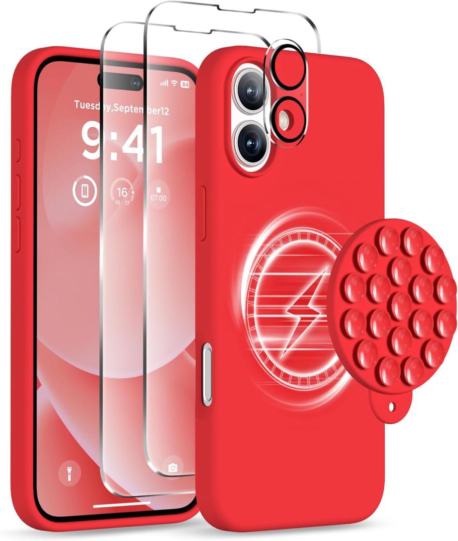 Magnetic for iPhone 16 Case, Compatible with Magsafe, Suction Cup Phone Mount, [2 Screen Protectors][Camera Lens Protector] Silicone Shockproof Protective Slim Phone Cover 6.1", Red