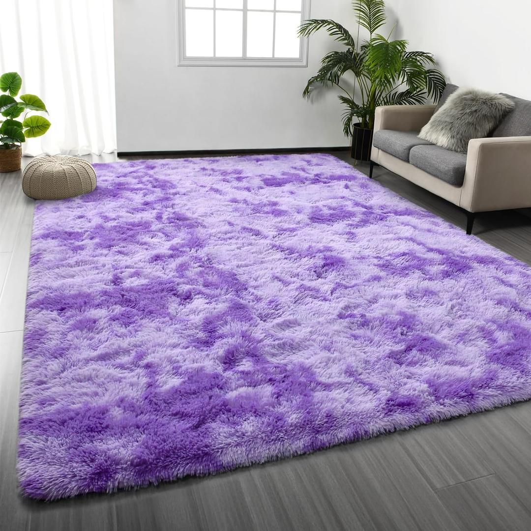 Large Shag Area Rugs 6 x 9, Tie-Dyed Plush Fuzzy Rugs for Living Room, Ultra Soft Fluffy Furry Rug for Bedroom, Indoor Carpet Nursery Rugs for Kids Room Home Decor, Purple