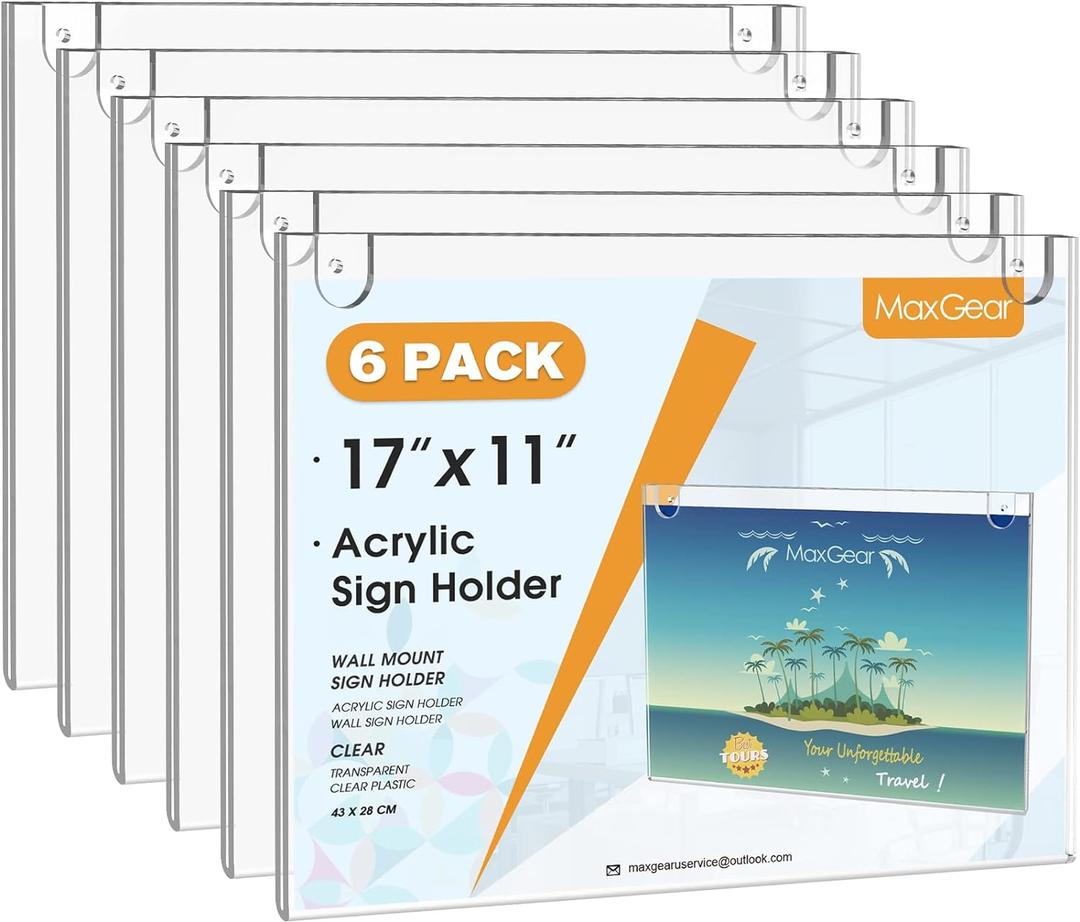 MaxGear Acrylic Sign Holder 11 x 17 Inch, Wall Mount Sign Holders Clear Plastic Picture Frame with Adhesive Tapes and Mounting Screws for Office, Home, Store, Restaurant, Landscape, 6 Pack