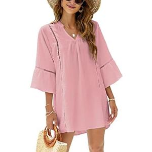 BMJL Womens Swimsuit Coverup V Neck Bathing Suit Cover Ups for Swimwear Chiffon Bell Sleeve Beach Dress, Large