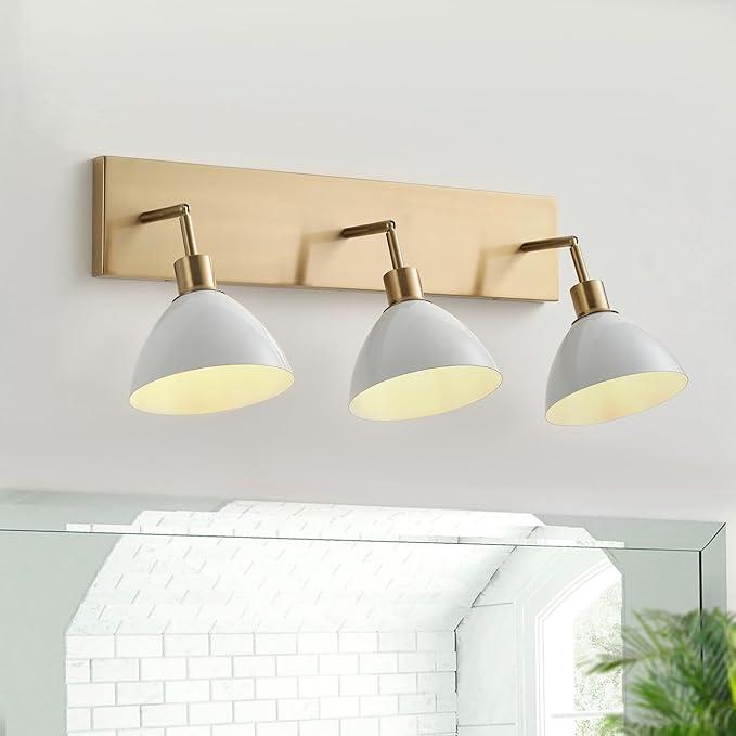 3-Light Modern Bathroom Light Fixtures Gold, 26.77 in Rustproof Bathroom Vanity Lights with White Metal Shades, Modern Bath Wall Sconces for Kitchen Hallway E26 Base