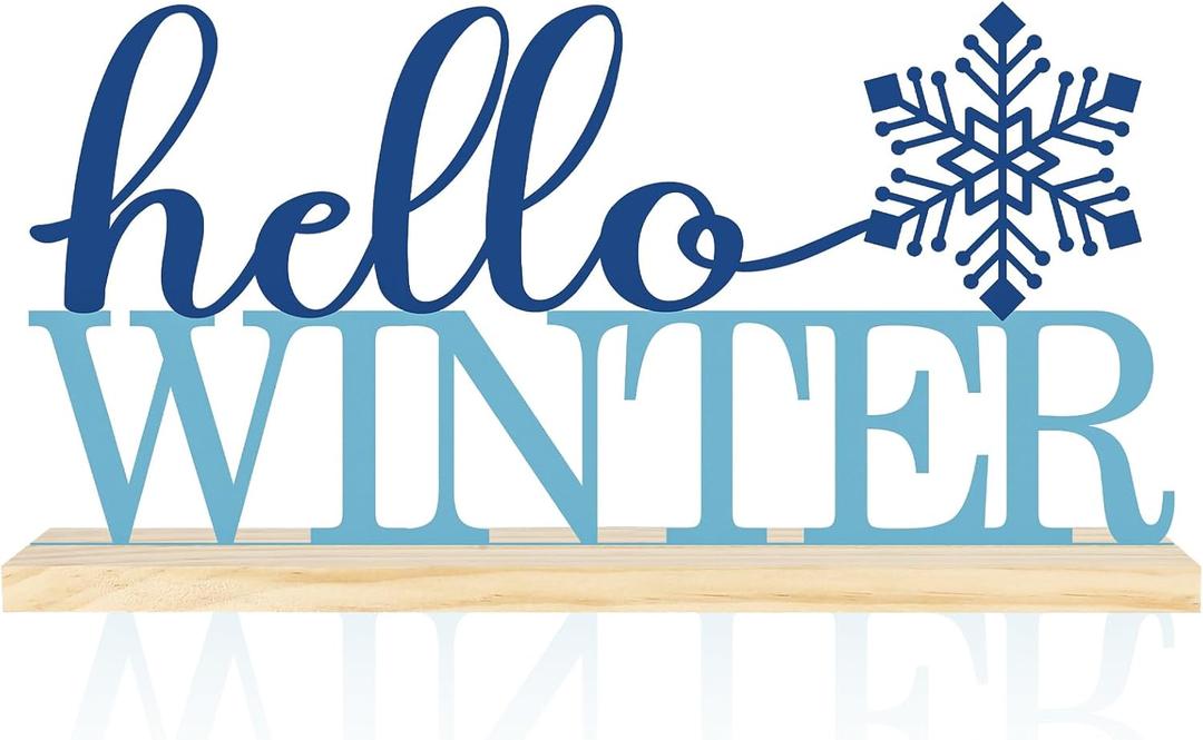 COCHIE Metal Hello Winter Sign, Snowflake Table Centerpieces Decorations for Home, Office, Shelf, Mantel, Indoor, Navy Blue Party Decor Supplies (Winter)