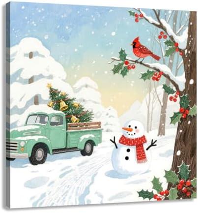 Woxfcart Winter Scene Canvas Wall Art, Christmas Vintage Truck with Tree, Cardinal and Snowman, Holiday Decor, 12 x 12 Inch