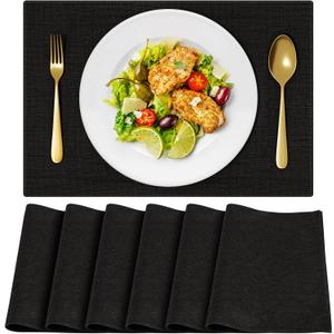Cloth Placemats, Set of 6 Heat-Resistant Cotton Linen Blend Double Layered Machine Washable Place Mats, Wrinkle Free Thick Fabric Dining Table Mats for Indoors & Outdoors (Black, 6)