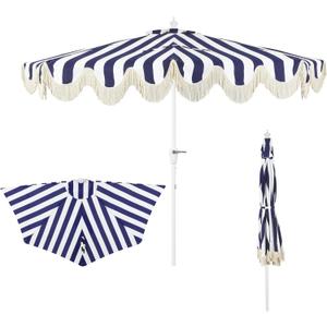 JONATHAN Y Half Umbrella UMB1201I Beverly 9 ft. Designer Classic Scalloped Fringe Market Patio with Crank, Tilt Button and UV Protection in Navy/White, White Pole, 108 inches diameter with a 97 inch pole