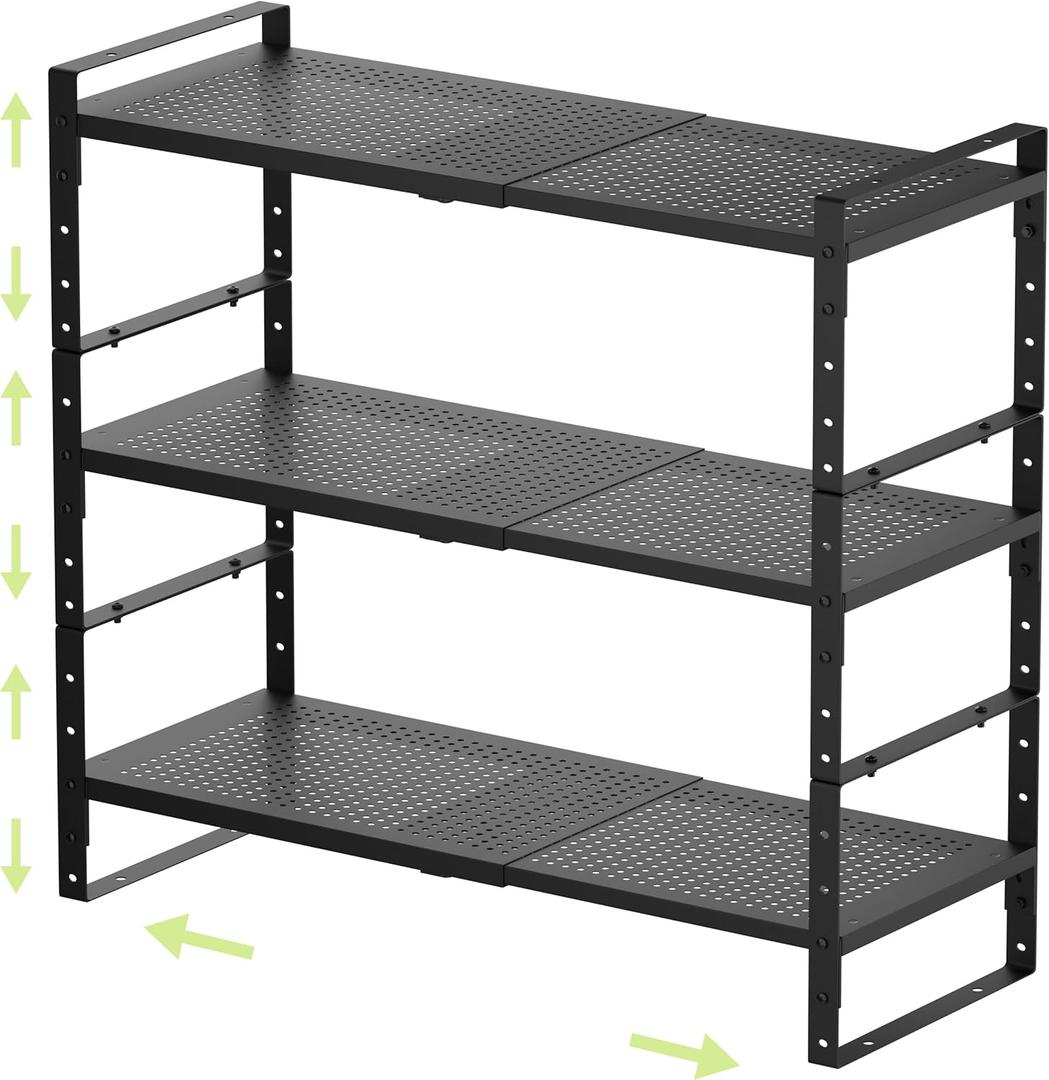 Expandable Shoe Rack Heavy-Duty Closet Organizer Adjustable Shelf Stackable Metal Framework for Entryway, Garage,RV,Pantry,Cabinet(Large,3 Packs/Black) (LARGE:10.24"D x 16.54"W x 7.88"H)