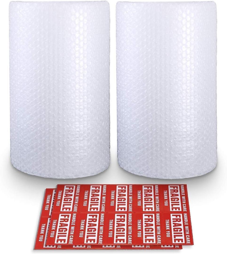 Bubble Cushioning Wrap Rolls, 3/16" x 12" x 72' ft Total [2 Rolls of 36 Feet] Perforated Every 12", 20 Fragile Stickers for Packaging, Shipping, Mailing (Clear)