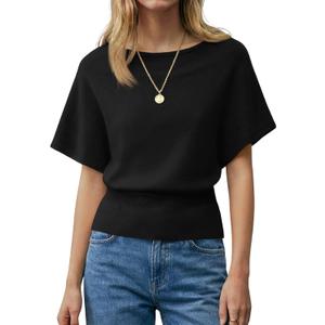 Saodimallsu Womens Boat Neck Summer Tops Batwing Dolman Short Sleeve Trendy Ribbed Knit Cinched Waist Knit Sweater Top Small