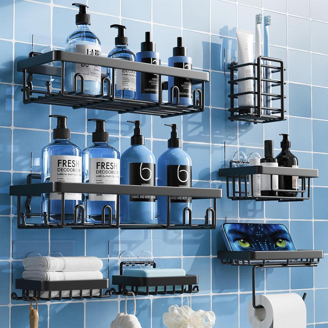 Shower Caddy 7 Pack, Adhesive Bathroom Shower Organizer for Bathroom Storage, No Drilling Large Capacity Rustproof Stainless Steel Shower Shelves Rack for Bath, Black