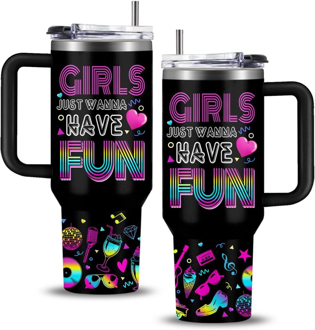 WWHSAl Girls Just Wanna Have Fun Neon Girl Tumbler  Bachelorette Party Girl Birthday Slumber Party Pajama Partys Girls Night Out Stainless Steel Insulated Travel Mug Trendy Gift for Teen 40oz