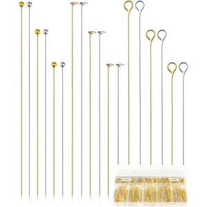FIVEIZERO 900 PCS Eye Pins and Flat Head Pins for Jewelry Making, Metal Eyepins, Headpins & Ball Head Pins for DIY Earrings, Necklaces, Bracelets, Pendants, 1.2", 1.6", 2", Gold & Silver
