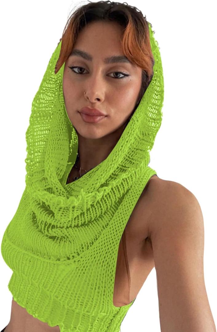 Women Knitted Hoodie Sweater Vest Sexy Sleeveless Hollow Out Hooded Crop Top Streetwear Rave Oufit (Large, Neon Green)