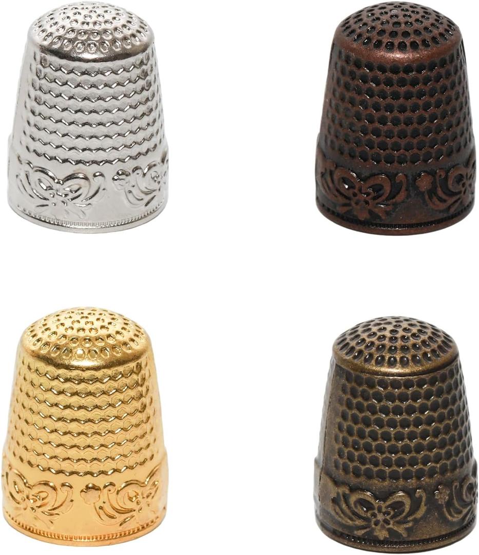 JAKOUE 4 Pcs Sewing Thimbles,Finger Protector Fingertip Thimble,Coin Thimble for Needlework, Hand Embroidery Craft with 4 Color(Brass+Bronze+Gold+Silver)