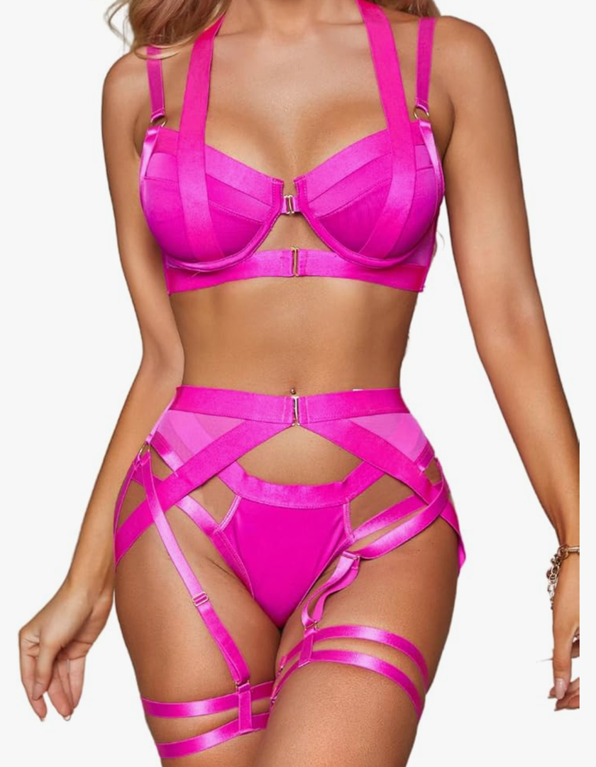 Kaei&Shi Strappy Harness, All Adjustable, Underwire Racerback, 4pc Garter Set,  Large, Hot Pink 
