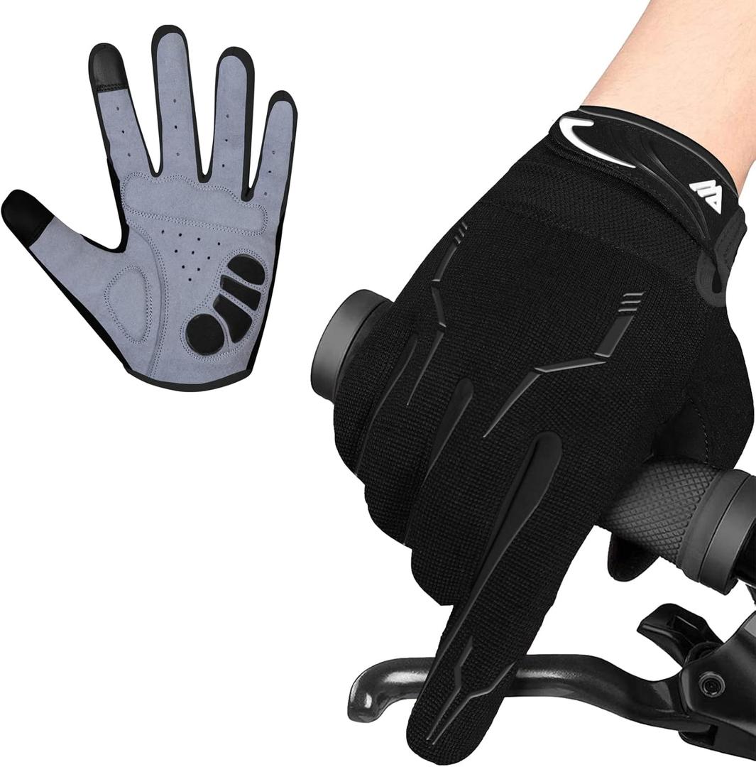 Cycling Gloves for Men - Full Finger BMX & Mountain Bike Gloves with Touchscreen, MTB, Padded Anti-Slip Grips for Men, Women & Wheelchairs (Large, Black)