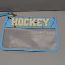 Hockey Gifts Makeup Bag with Chenille Letter Patch, Clear Cosmetic Pouch PVC Organizer Purse, Waterproof Travel Bag, Portable Toiletry Storage Bag for Her Friends (Ice blue-Hockey)