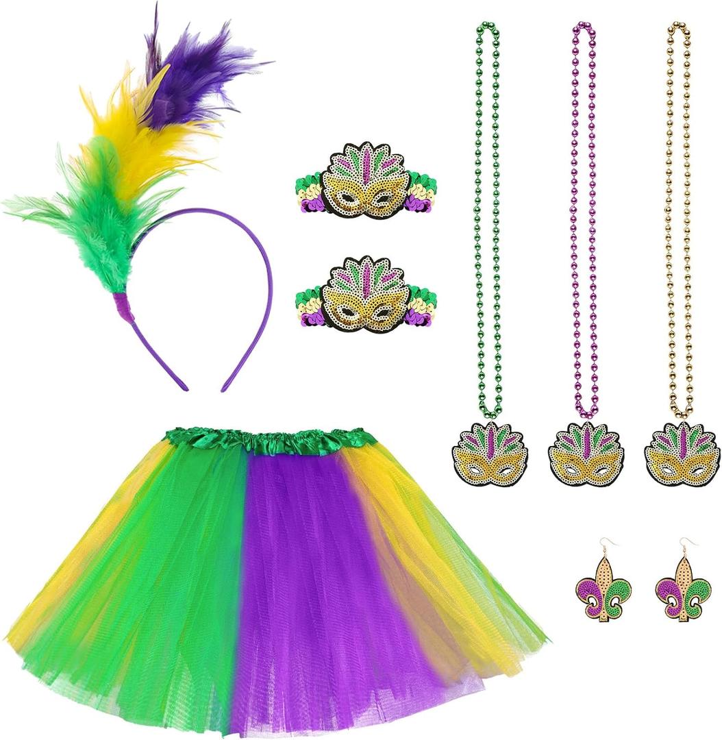 Mardi Mardi Gras Costume Accessory Set Faux Feather Headband Necklaces Earrings Bracelets Bowknot Skirt for Women Mardi Gras Theme Parties Green