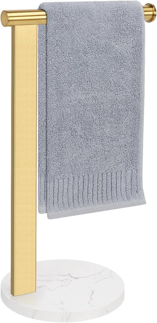 Siyzda Hand Towel Holder Stand for Bathroom, L Shaped Standing Hand Towel Rack, Towel Bar Kitchen Vanity Countertop Organizer, SUS304 Stainless Steel Material (Marble Base, Gold)