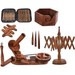 Brainmart Rosewood Yarn Winder & Swift with Wooden Yarn Bowl  30pcs Crochet Kit | Handcrafted Wooden Ball Winder, Crochet Hooks Set, Bobbins, Weaving Needles for Knitting, Crocheting & Weaving