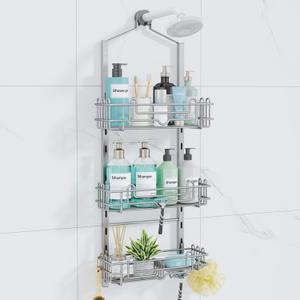 Consumest Shower Caddy Hanging  Rustproof Over Shower Head Hanger with Soap Holder and Hooks, Anti-Slip Shower Shelves for Storage, Bathroom Organizer for Apartment, Dorm, Silver