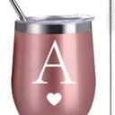 Personalized Initial Gifts 12 Ounces Stainless Steel Tumbler with Straw Brush Rose Gold Insulted Mug Wedding Bridesmaid Birthday Graduation Gift for Men Women Monogrammed Gift (A)