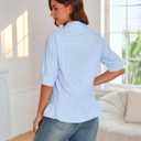 MAKABO Womens Summer Tops Dressy Casual Blouse Top Ruffled Short Sleeve Button Down Striped Shirt (Blue, M)