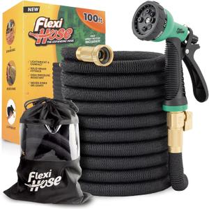 Flexi Hose Plus Expandable Garden Hose with 8 Function Nozzle, 100FT - Lightweight Retractable Garden Hose, Water Hose - No-Kink Flexibility, 3/ 4 Inch Solid Brass Fittings Includes Hook & Bag