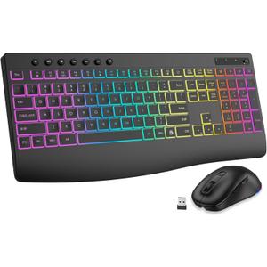 Wireless Keyboard and Mouse Combo, 9 Backlit Effects, Rechargeable 4000mAh Backlit Keyboard with Wrist Rest, 6 Button Mouse, 2.4G Full Size Quiet Keyboard Set for Computer, PC, Laptop, Mac, Windows