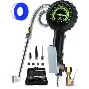 AZUNO Heavy Duty Tire Pressure Gauge, Tire Inflator Gauge 230PSI Air Chuck Air Compressor Attachments, with Steel Braided Hose, Large 2.6" Glow Dial & Quick Connect Coupler, for Truck/Car/SUV/RV/Bike