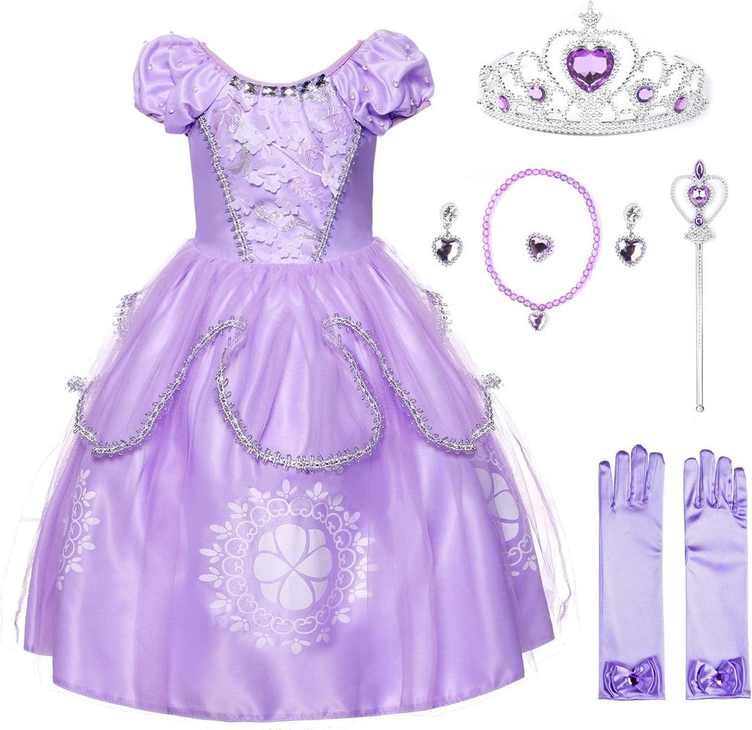 JerrisApparel Girls Princess Costume Floor Length Christmas Party Dress up (5, Lilac With Accessories)