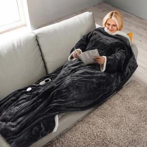 PASAMIC Electric Wearable Heated Blanket with Foot Pocket, Heated Blanket Wearable with Sleeves, Flannel & Sherpa Electric Throw, 10 Heat Settings & 2-8H Auto Shut-Off, 50 * 70"+18", Dark Grey